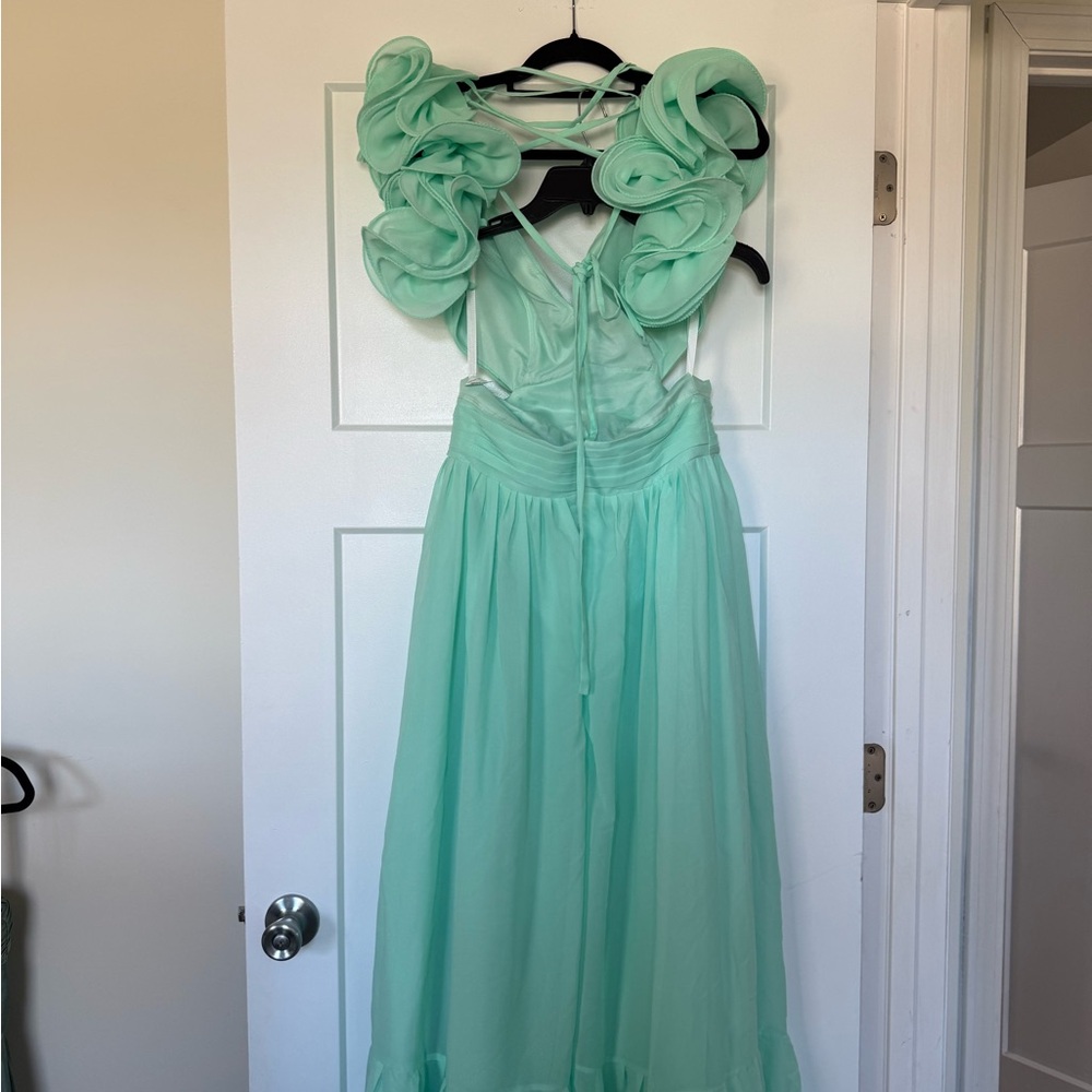 Camille La Vie teal Ruffle Dress small stain in front can be washed out